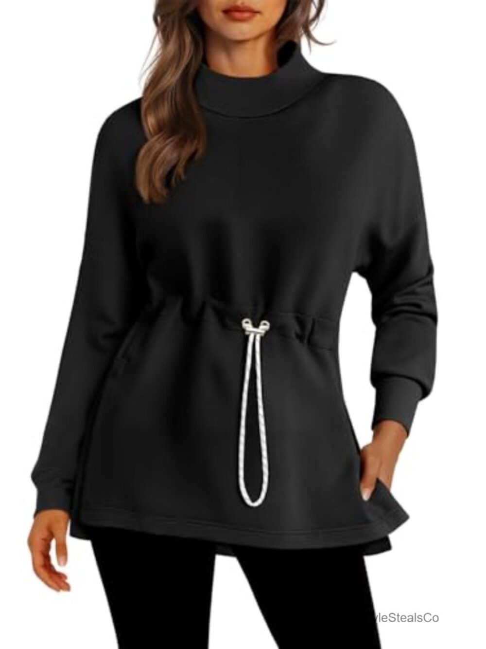 Women's Turtleneck Sweatshirt Long Sleeve Pullover Tunic with Drawstring Waist